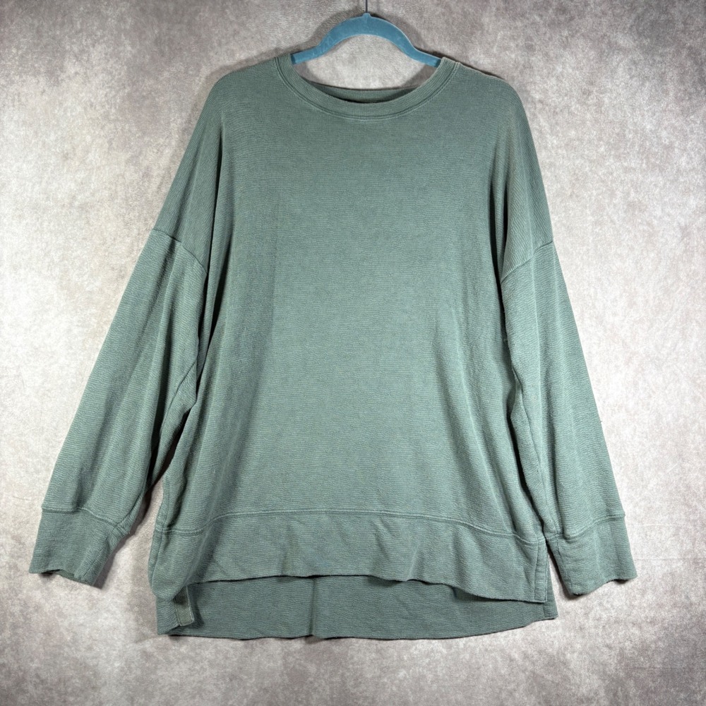 Aerie Sweatshirt Womens Large Green Waffle Knit Oversized Pullover Thermal Boho